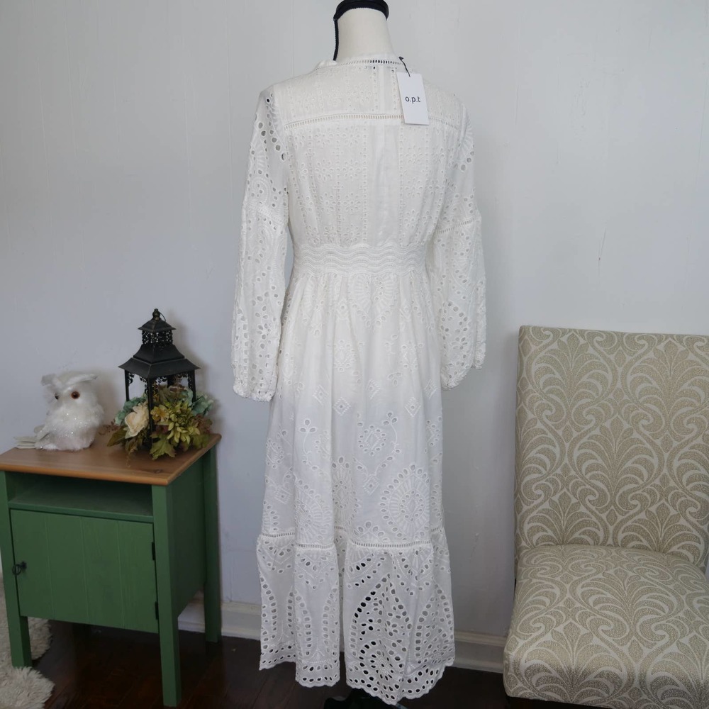 O.P.T White Floral Eyelet Lace‎ Midi Dress Size Small NWT Cottage Long Sleeve - Picture 3 of 6